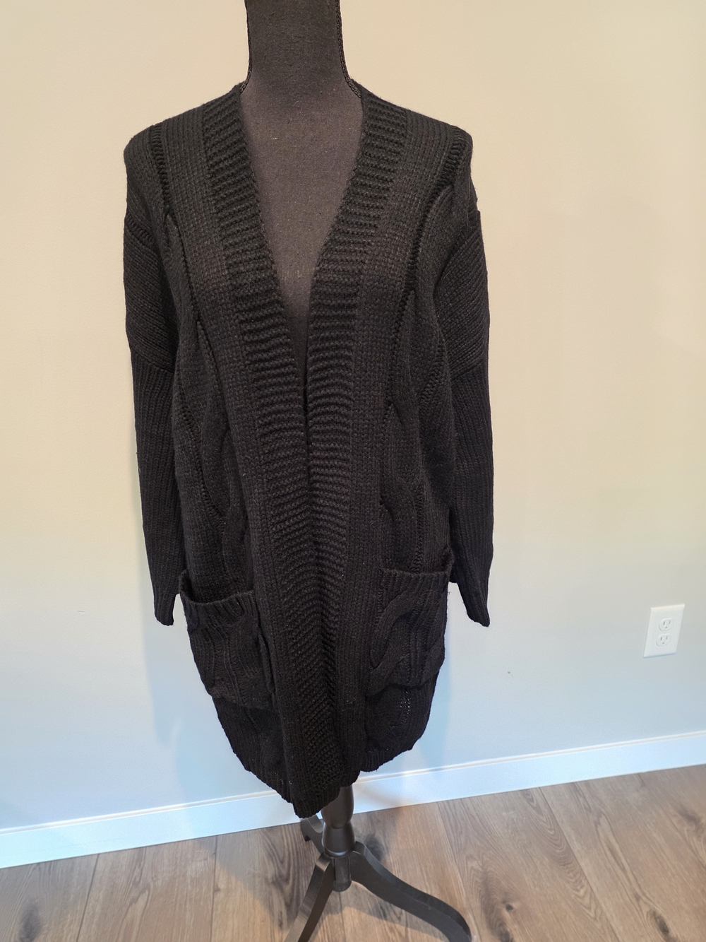 Black Open-Front Cable Knit Cardigan Sweater